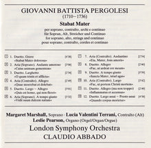 Giovanni Battista Pergolesi - Margaret Marshall · Lucia Valentini Terrani · London Symphony Orchestra · Claudio Abbado : Stabat Mater (CD, Album, RE)
