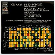Xenakis* - Ensemble Instrumental De Musique Contemporaine De Paris*, Konstantin Simonovitch : ST 10-1,080262 / Polla Ta Dhina / Akrata / Achorripsis (LP, Album, RE)
