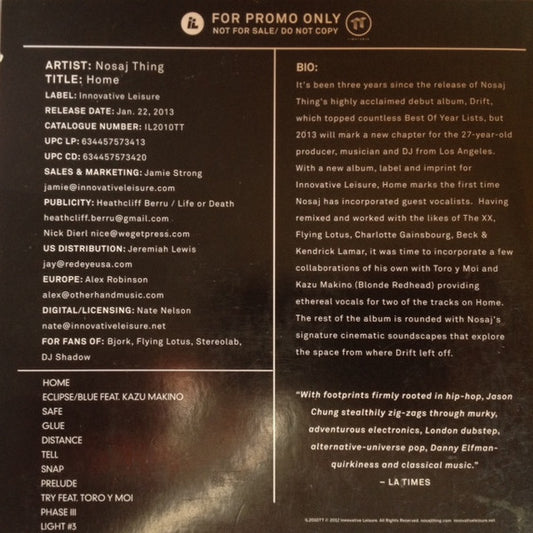 Nosaj Thing : Home (CD, Album, Promo)